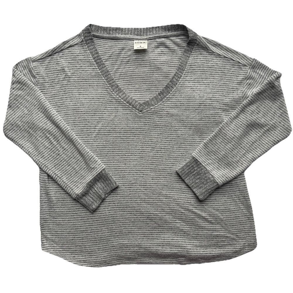 Soma Intimates Grey Striped V-Neck Long Sleeve Knit Top Small Lounge Shirt